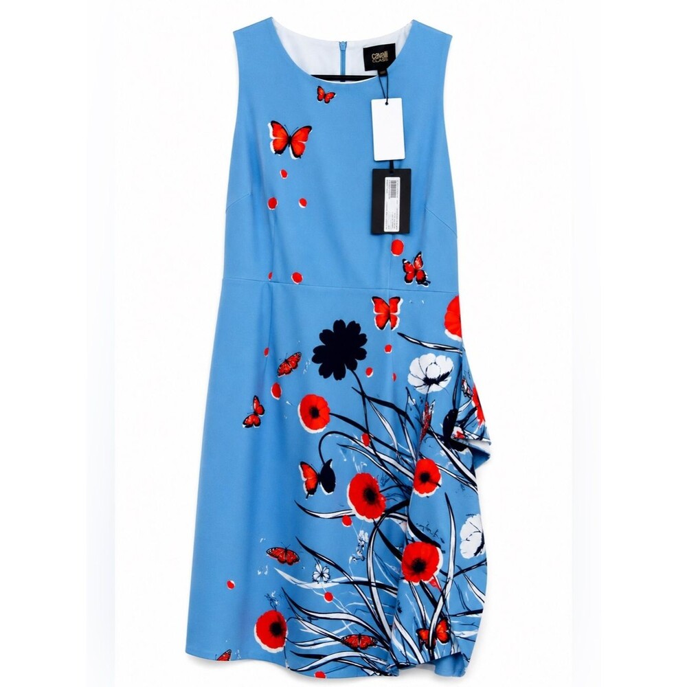 Roberto Cavalli Class NWT Butterfly Floral Midi Dress IT 50 US 14 16 Blue $642